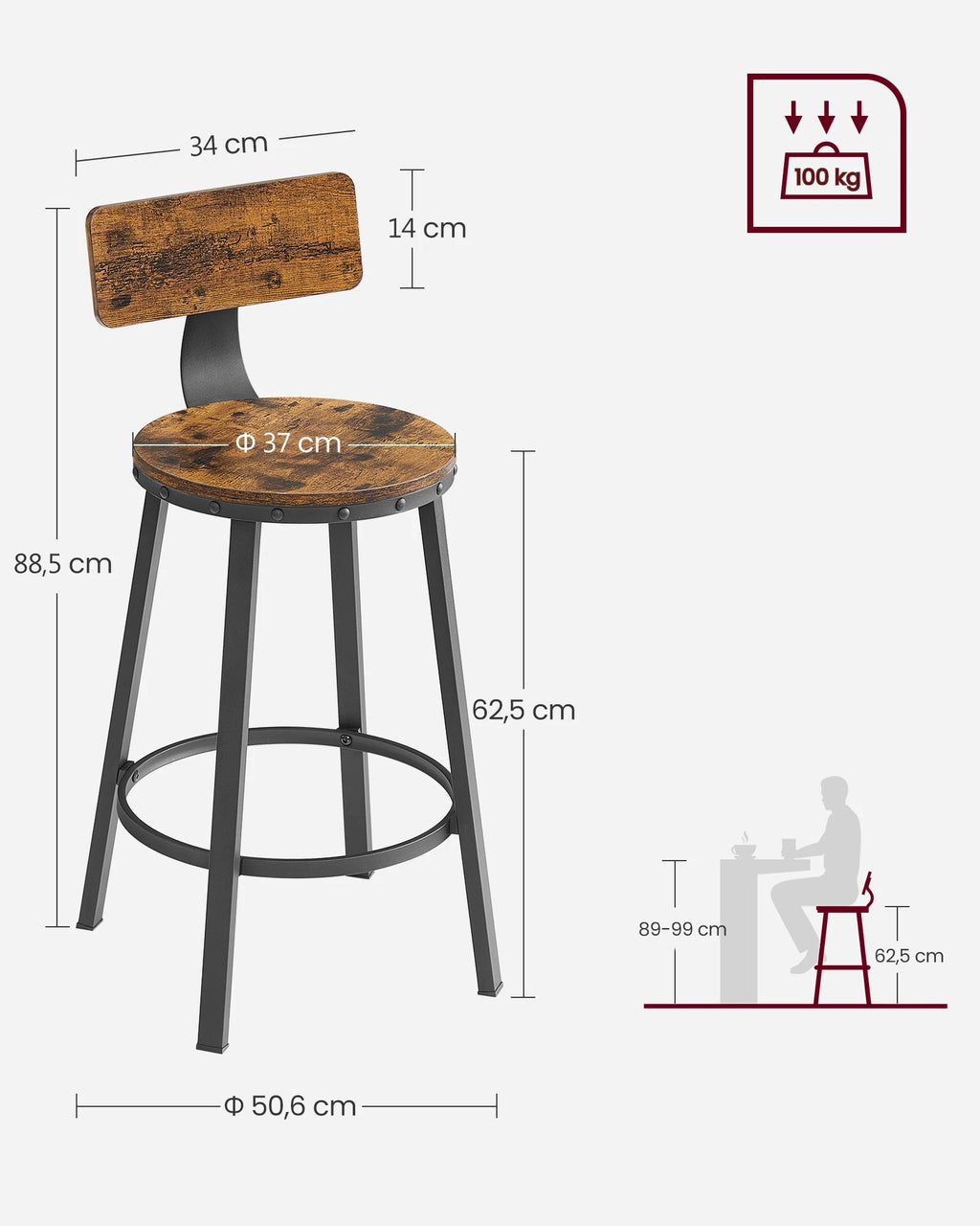 Ensemble – 2 chaises de bar 60 cm au design industriel et boisé – Denver
