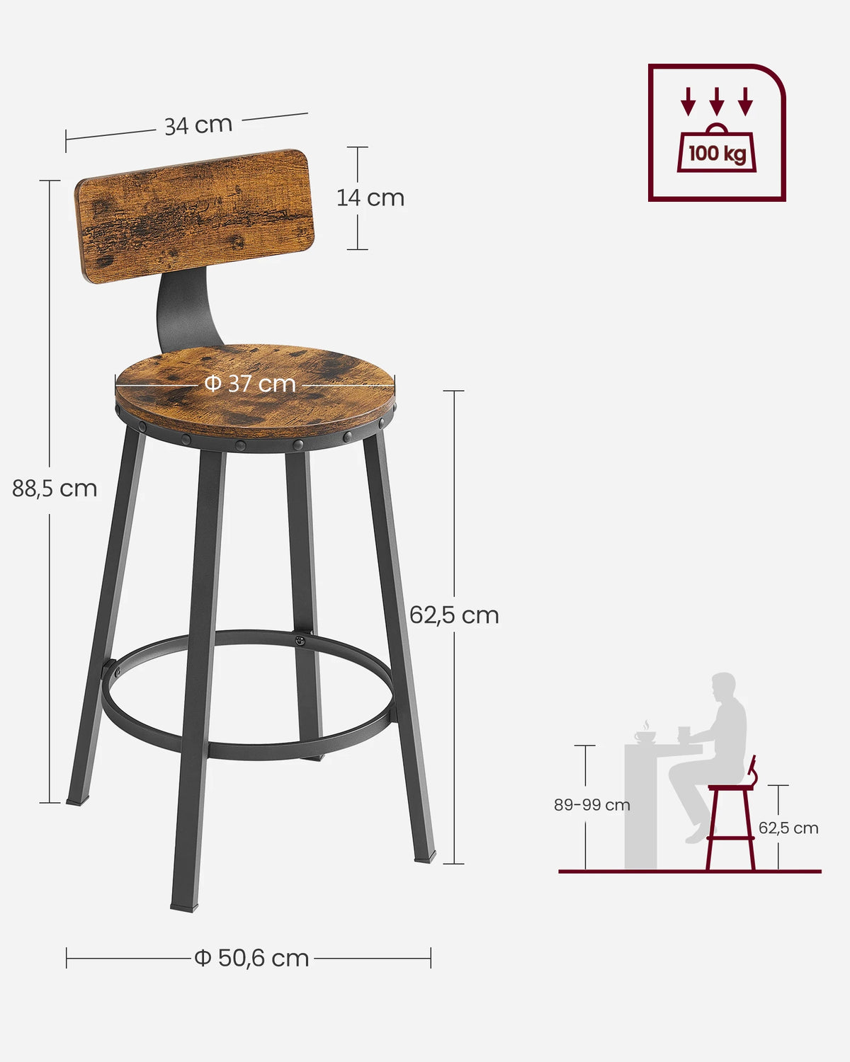 Ensemble – 2 chaises de bar 60 cm au design industriel et boisé – Denver